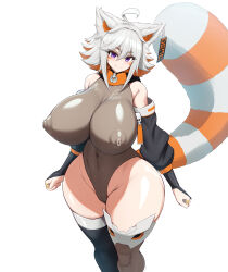 1girl absurdres ahoge alternate_body_size alternate_breast_size animal_ears bare_shoulders black_sleeves bodysuit breasts bridal_gauntlets cameltoe character_name cleavage clenched_hands closed_mouth colored_tips commentary covered_erect_nipples cowboy_shot curvy demenishki detached_sleeves english_commentary facial_mark hair_between_eyes hair_ornament highres huge_breasts impossible_clothes impossible_leotard indie_virtual_youtuber jadf leotard looking_at_viewer medium_hair multicolored_hair name_tag name_tag_hair_ornament orange_hair partially_undressed puffy_nipples purple_eyes red_panda_ears red_panda_girl red_panda_tail see-through_clothes see-through_leotard shiny_clothes simple_background skin_tight solo thick_thighs thighhighs thighs virtual_youtuber white_background white_hair wide_hips
