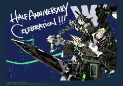 aged_down anniversary arm_up armor armored_bodysuit arms_up artist_name artist_request black_pants blonde_hair blue_background blue_eyes breastplate cape cloud_strife cloud_strife_(saber_style) commentary copyright_notice cropped_legs english_commentary english_text final_fantasy final_fantasy_vii final_fantasy_vii_ever_crisis from_side glenn_lodbrok glenn_lodbrok_(vanguard_style) grey_hair grin hammer high_collar holding holding_hammer holding_sword holding_weapon knee_up looking_to_the_side medium_hair official_alternate_costume official_art pants pauldrons running sephiroth sephiroth_(ever_crisis) sephiroth_(lethal_style) serious short_hair shoulder_armor single_pauldron smile spiked_hair standing sword sword_on_back third-party_source turtleneck very_short_hair war_hammer weapon weapon_on_back white_cape zack_fair zack_fair_(guardian_style)