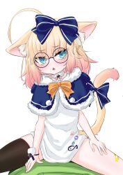 Rule 34 | 1girl, absurdres, ahoge, animal ear fluff, animal ears, asymmetrical legwear, bandaid, bandaid on leg, bell, black thighhighs, blonde hair, blue bow, blue eyes, blush, bow, capelet, cat ears, cat girl, collar, fang, fur-trimmed capelet, fur trim, glasses, green hoodie, hair bow, highres, hood, hoodie, indie virtual youtuber, looking at viewer, lying, medium hair, minikomew, muffler, multicolored hair, on back, orange bow, pom pom (clothes), ritspi, shirt, simple background, sitting, sitting on person, skin fang, solo focus, tail, tail bow, tail ornament, thighhighs, vedal987, white background, white shirt