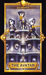 1girl 2boys arm_cannon belt belt_buckle black_border boots border boxing_gloves buckle card_(medium) clenched_hands closed_mouth cloud cloudy_sky commentary covering_own_mouth crescent english_commentary english_text eyelashes gloves hand_on_own_hip holding holding_sword holding_weapon knee_pads limited_palette long_hair long_sleeves mii_(nintendo) mii_brawler mii_gunner mii_gunner_(smash_4) multiple_boys nintendo pants podium quas-quas shirt short_hair sky smash_ball smile solid_eyes spiked_hair star_(symbol) super_smash_bros. sword tarot tarot_(medium) weapon