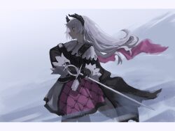 1girl arknights black_dress black_gloves closed_mouth commentary cowboy_shot dress fighting_stance gloves grey_eyes grey_hair highres irene_(arknights) long_hair long_sleeves looking_ahead lumirumi profile rapier ready_to_draw scar scar_across_eye scar_on_face solo standing sword twitter_username watermark weapon
