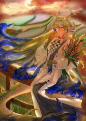 1girl absurdres apple arknights bare_shoulders beads blonde_hair blue_hair chromatic_aberration closed_mouth collarbone commentary day dragon_girl dragon_horns dragon_tail eyeliner fingernails food fruit grey_hair hair_between_eyes hair_intakes highres holding holding_food holding_fruit horns jacket long_hair long_sleeves looking_at_viewer makeup multicolored_hair off_shoulder outdoors plant red_pupils seigaiha shu_(arknights) simple_bird solo strapless sunlight symbol-only_commentary tail tonov_(hei) tube_top very_long_hair wheat white_jacket white_tube_top wind yellow_eyes