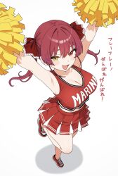 1girl absurdres armpits arms_up breasts cheerleader cleavage crop_top from_above full_body heterochromia highres hololive houshou_marine kinoshita_niko large_breasts midriff miniskirt navel open_mouth pom_pom_(cheerleading) red_eyes red_hair red_shoes red_skirt shoes simple_background skirt solo standing standing_on_one_leg twintails virtual_youtuber white_background yellow_eyes