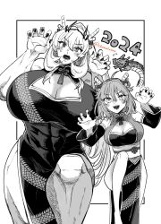 2024 2girls ahoge alternate_breast_size alternate_hairstyle barghest_(fate) breasts china_dress chinese_clothes chinese_zodiac cibamatoxins claw_pose cleavage cleavage_cutout clothing_cutout commentary_request covered_abs detached_sleeves double_bun dragon dragon_horns dress eastern_dragon eastern_dragon_horns fake_horns fate/grand_order fate_(series) fujimaru_ritsuka_(female) hair_bun highres horns huge_breasts large_breasts multiple_girls muscular muscular_female obi open_mouth ponytail sash smile standing standing_on_one_leg sweatdrop thick_thighs thighs year_of_the_dragon
