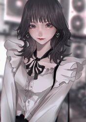 1girl aegyo_sal bag black_eyes black_hair black_ribbon blurry blurry_background center_frills closed_mouth collarbone commentary condenser_unit earrings eyelashes frills heart heart_earrings highres jewelry light_smile lipstick long_sleeves looking_at_viewer makeup mano_aaa medium_hair neck_ribbon original red_lips ribbon shirt shoulder_bag solo symbol-only_commentary upper_body white_shirt