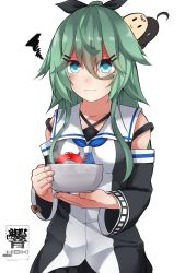 1girl absurdres artist_logo black_ribbon black_serafuku black_skirt blue_eyes blue_neckerchief blue_ribbon bowl breasts collarbone cowboy_shot detached_sleeves enemy_lifebuoy_(kancolle) food green_hair hair_between_eyes hair_flaps hair_ornament hair_ribbon hairclip hibiki_(zerocodo) highres kantai_collection logo long_hair long_sleeves looking_at_viewer neckerchief pleated_skirt ponytail ribbon sailor_collar school_uniform serafuku simple_background skirt small_breasts soup steam sweatdrop the_shigure-like_creature the_yuudachi-like_creature white_background white_sailor_collar yamakaze_(kancolle)