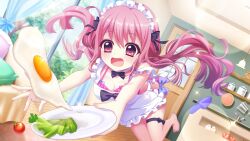 Rule 34 | 1girl, :o, alternate costume, apron, asahi hina, barefoot, bikini, black bow, black bowtie, blush, bow, bow apron, bowtie, breasts, bush, ceiling light, cherry tomato, cleavage, clumsy, couch, day, detached collar, dot nose, dutch angle, enmaided, faucet, film grain, fried egg, frilled apron, frilled bikini, frills, game cg, heart, holding, holding plate, indoors, izumi tsubasu, lens flare, lettuce, low twintails, maid, maid headdress, measuring cup, medium breasts, nearly naked apron, non-web source, official art, open mouth, outstretched arms, pillow, pink bikini, pink eyes, pink hair, plate, purple bow, purple slippers, re:stage!, rug, shelf, side-tie bikini bottom, single slipper, sink, slippers, small sweatdrop, solo, sparkle, stuffed chicken, sunlight, swimsuit, thigh strap, tomato, tree, tripping, twintails, unworn slippers, white apron, wicker basket, window, wooden door, wooden floor