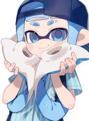Rule 34 | 1girl, backwards hat, baseball cap, black shirt, blue eyes, blue hair, blue hat, blue shirt, closed mouth, commentary request, eyebrow cut, hat, highres, holding, holding own hair, inkling, inkling girl, inkling player character, long hair, looking at viewer, multicolored shirt, nintendo, pointy ears, sabata saba, shirt, short sleeves, signature, smile, solo, splatoon (series), striped clothes, striped shirt, tentacle hair, upper body, white background, white shirt