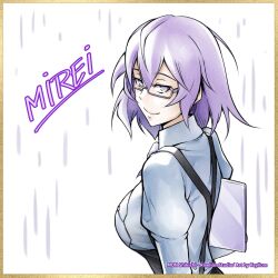 1girl artist_name breasts character_name digimon digimon_world_re:digitize from_behind gold_border highres holding keyliom large_breasts looking_at_viewer looking_back medium_hair mirei_mikuna overalls purple_eyes purple_hair rain shikishi shirt simple_background smile solo white_background white_shirt