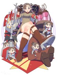 Rule 34 | 1boy, 5girls, absurdres, alexander romanov, armband, blouse, bottle, brain, brown hair, chibi, command &amp; conquer, command &amp; conquer: red alert, command &amp; conquer: red alert 2, fangs, forehead tattoo, full body, genderswap, genderswap (mtf), gloves, gradient hair, grey eyes, grey hair, hadaparuka, hammer and sickle, high heels, highres, holding, jar, long hair, military, military uniform, multicolored eyes, multicolored hair, multiple girls, open mouth, psychic beacon (command &amp; conquer:red alert 2), purple eyes, shirt, sitting, sitting on person, skin fangs, skirt, soviet, soviet flag, white shirt, yuri (c&amp;c)