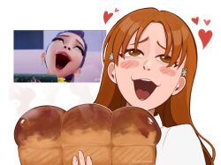 Rule 34 | 1girl, bleach, blush stickers, bread, brown eyes, commentary, food, heart, highres, holding, holding food, inoue orihime, kpop demon hunters, loaf of bread, long hair, luvlyroseve, open mouth, orange hair, reference inset, scene reference, solo, steam, symbol-only commentary