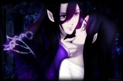 1boy 1girl aqua_eyes aredhel artist_name black_hair cinemairon elf eol eyelashes face-to-face forest hair_between_eyes hand_on_another&#039;s_chin hand_on_another&#039;s_face height_difference looking_at_another nature night open_mouth pointy_ears princess purple_eyes teeth the_silmarillion tolkien&#039;s_legendarium tree upper_body upper_teeth_only