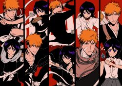 1boy 1girl black_hair black_kimono black_skirt bleach bow bowtie fingerless_gloves gloves highres holding holding_sword holding_weapon hollow_mask japanese_clothes karakura_high_school_uniform katana kimono kuchiki_rukia kurosaki_ichigo orange_eyes orange_hair purple_eyes red_bow red_bowtie red_gloves school_uniform shihakusho short_hair single_fingerless_glove skirt smile spiked_hair star_(sr67305775) sword true_zangetsu_(shikai) upper_body weapon white_kimono