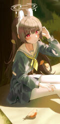 1girl absurdres ahoge animal_ears bird black_hair blue_archive blue_serafuku blush closed_mouth collarbone fake_animal_ears g_gonor grass green_neckerchief grey_halo halo highres leaf long_hair long_sleeves looking_at_viewer miyu_(blue_archive) neckerchief outdoors pantyhose rabbit_ears red_eyes school_uniform serafuku shirt sitting skirt solo tree weasel white_pantyhose