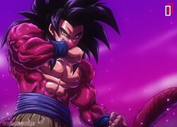 Rule 34 | 1boy, artist logo, artist name, black hair, blue sash, body fur, daffduff, dougi, dragon ball, dragon ball gt, logo, long hair, male focus, monkey boy, monkey tail, muscular, muscular male, pants, pectorals, red fur, saiyan, sash, simple background, solo, son goku, spiked hair, super saiyan, super saiyan 4, tail, topless male, twitter username, yellow pants