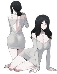 1girl absurdres ass back_cutout black_hair black_shoes blue_eyes breasts choker cleavage closed_mouth clothing_cutout commentary dress from_behind grey_choker grey_dress highres jewelry large_breasts light_blush light_smile long_hair long_sleeves looking_at_viewer low_ponytail multiple_views off-shoulder_dress off_shoulder pendant pieck_finger ponytail ratatatat74 shingeki_no_kyojin shoes short_hair sidelocks simple_background taut_clothes taut_dress white_background