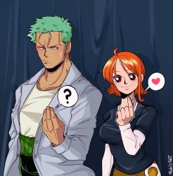 Rule 34 | 1boy, 1girl, ?, artist name, blue shirt, blush, breasts, closed mouth, commentary, curtains, earrings, finger heart, green hair, grey jacket, haramaki, heart, height difference, highres, jacket, jewelry, large breasts, long sleeves, looking at another, looking at viewer, nami (one piece), one piece, open clothes, open jacket, orange hair, photo-referenced, rolo&#039;s art, roronoa zoro, shirt, short hair, single sidelock, smile, spoken heart, spoken question mark, sweatdrop, symbol-only commentary, upper body, white shirt, white undershirt