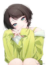 1girl animal_ears blue_eyes brown_hair closed_mouth commentary_request copyright_name green_shirt hatsuka-20 highres hololive interlocked_fingers light_blush long_hair long_sleeves looking_at_viewer nail_polish off-shoulder_shirt off_shoulder official_alternate_costume official_art oozora_subaru orange_nails own_hands_together pinstripe_pattern pinstripe_shirt shirt short_hair simple_background sleeves_past_wrists smile solo straight-on swept_bangs virtual_youtuber white_background