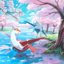 cherry_blossoms claws closed_mouth cloud day flying gen_3_pokemon highres keruasu0629 latias latios legendary_pokemon mountain nintendo no_humans open_mouth outdoors pokemon pokemon_(creature) pokemon_focus red_eyes tree water yellow_eyes