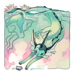 fins game_freak gen_1_pokemon head_fins nintendo no_humans pawpads pokemon pokemon_(creature) swimming tail underwater vaporeon ver_(verface) water watermark web_address webbed_feet