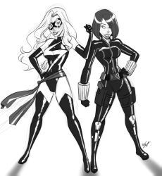 2girls aeolus avengers_(series) bare_shoulders black_gloves black_thighhighs black_widow black_widow_(marvel) bodysuit breasts breasts_apart carol_danvers clenched_teeth cowboy_shot curvy domino_mask elbow_gloves floating_hair full_body gloves groin halterneck hand_on_own_hip highleg highleg_leotard highres impossible_clothes large_breasts leotard lightning_bolt_symbol lips long_hair looking_at_viewer looking_to_the_side marvel mask monochrome ms._marvel ms._marvel_(series) multiple_girls revealing_clothes sash shiny_skin short_hair simple_background standing superhero_costume teeth thigh_gap thighhighs turtleneck very_long_hair white_background wide_hips