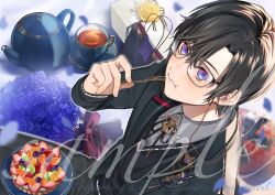 Rule 34 | 1boy, black-framed eyewear, black hair, black jacket, black pants, black ribbon, black sweater, blue eyes, blue flower, blue rose, blueberry, bouquet, bow, box, breast pocket, brooch, closed mouth, collared shirt, commentary request, cup, eating, eyewear strap, falling petals, flower, food, food on face, fork, from above, fruit, fruit tart, gift, gift bag, gift box, glasses, grey shirt, hair between eyes, hand up, highres, holding, holding fork, jacket, jewelry, kaburagi (pnoir087), kiwi (fruit), kiwi slice, lapel pin, lapels, long sleeves, looking at another, looking at viewer, looking up, male focus, multicolored eyes, neck ribbon, nijisanji, official alternate costume, open clothes, open jacket, pants, parted bangs, pen, petals, plate, pocket, purple eyes, raspberry, red bow, ribbon, rose, sample watermark, saucer, school uniform, shikinagi akira, shikinagi akira (school uniform), shirt, short hair, sitting, solo, strawberry, strawberry slice, sweater, tart (food), tea, teacup, teapot, virtual youtuber, watermark, wing collar, yellow flower, yellow rose