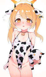 1girl absurdres alternate_costume animal_ears animal_print asymmetrical_hair barcode bell black_horns blonde_hair blue_archive blush breasts cameltoe commentary covered_erect_nipples covered_navel cow_ears cow_print cow_print_gloves cow_print_leotard cowbell cowboy_shot demon_girl demon_horns ear_tag elbow_gloves fake_animal_ears flying_sweatdrops gloves halo highres horns ibuki_(blue_archive) leotard loli navel neck_bell open_mouth print_gloves rinki_(rink2) side_ponytail simple_background small_breasts solo stuffed_cow thigh_gap white_background yellow_eyes yellow_halo