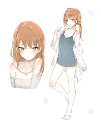1girl barefoot breasts brown_eyes brown_hair cleavage detached_collar dress_shirt female_focus full_body hair_between_eyes hair_ornament hairclip hand_up kneehighs legs light_smile looking_at_viewer low_ponytail lpip medium_breasts multiple_views original ponytail ribbed_sweater shirt shirt_slip simple_background socks standing standing_on_one_leg sweater toeless_legwear toes upper_body white_background white_shirt