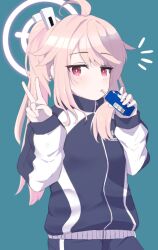 1girl ahoge blue_archive blue_background blue_jacket blush commentary hair_between_eyes hair_ornament halo holding holding_milk_carton jacket keke_(user_djyu7823) long_sleeves milk_carton natsu_(blue_archive) official_alternate_costume pink_hair pink_halo red_eyes side_ponytail sidelocks simple_background track_jacket upper_body v