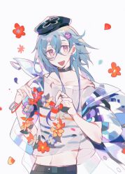 1boy arknights black_choker black_hat black_pants blue_hair choker collarbone commentary cowboy_shot crossed_bangs flower flower_wreath grey_jacket grey_shirt hair_between_eyes hat highres holding holding_wreath jacket jellyfish_hair_ornament long_hair male_focus mizuki_(arknights) mizuki_(summer_feast)_(arknights) navel official_alternate_costume open_clothes open_jacket open_mouth pants red_eyes red_flower shirt short_sleeves smile solo striped_clothes striped_shirt symbol-only_commentary tie_fei_wu_mang_dashuai