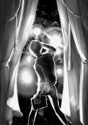 Rule 34 | 1boy, arm up, black hair, black shirt, black vest, book, camera, camera flash, collared shirt, curtains, fringe trim, full body, greyscale, highres, holding, holding book, male focus, monochrome, oldest dream, omniscient reader&#039;s viewpoint, raya (000 unseen), rope, script, shirt, short hair, solo, vest
