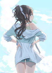 1girl absurdres bare_shoulders black_hair blue_eyes blue_sky blush bow bracelet cloud denim denim_shorts earrings food from_behind hair_bow hair_ornament hair_ribbon highres idolmaster idolmaster_shiny_colors jacket jewelry kazano_hiori long_hair long_sleeves mole mole_under_mouth open_clothes open_jacket outdoors ponytail ribbon shirt shorts sky solo tank_top umirororo