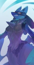 1girl 3gs furry furry_female gen_4_pokemon grin highres looking_at_viewer lucario nintendo no_nipples pokemon pokemon_(creature) red_eyes smile solo teeth