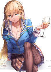 Rule 34 | absurdres, black pantyhose, blonde hair, blue jacket, blush, bow, braid, breasts, champagne flute, cleavage, cup, drinking glass, green eyes, hair ribbon, half up braid, heaven burns red, highres, jacket, ksrg nhr076, long hair, long sleeves, off shoulder, pantyhose, ribbon, striped clothes, striped pantyhose, toujou tsukasa, vertical-striped clothes, vertical-striped pantyhose, white background, white ribbon