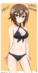 1girl bikini black_bikini blush breasts brown_eyes brown_hair cleavage closed_mouth collarbone girls_und_panzer large_breasts looking_at_viewer ma-2_(konkon_kitakitsune) navel nishizumi_maho short_hair smile solo swimsuit
