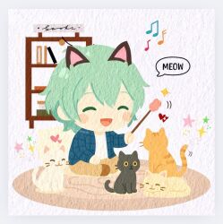1boy ^_^ animal_ears arm_up black_cat blue_shirt blush_stickers book bookshelf border brown_pants brown_shoes casual cat cat_ears closed_eyes commentary_request crew_neck diamond_(shape) double-parted_bangs fake_animal_ears fire_emblem fire_emblem:_three_houses green_hair highres holding holding_cat_teaser indian_style long_sleeves male_byleth_(enlightened)_(fire_emblem) male_byleth_(fire_emblem) male_focus musical_note nintendo open_clothes open_mouth open_shirt orange_cat pants plaid_clothes rhea_season rug shirt shoes sitting solo star_(symbol) tabby_cat tongue white_background white_border white_cat white_shirt yellow_eyes