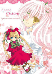 2girls artist_name blonde_hair blue_eyes bonnet bow bowtie brooch brown_footwear capelet closed_mouth commentary_request copyright_name dress drill_hair drill_sidelocks expressionless flower flower_brooch flower_over_eye footwear_flower frilled_capelet frilled_dress frilled_shirt frilled_sleeves frills full_body green_bow green_bowtie hair_flower hair_ornament kirakishou lolita_fashion long_dress long_hair long_sleeves looking_at_viewer looking_back morinaga_hinase multiple_girls pantyhose pink_flower pink_hair pink_rose red_capelet red_dress red_headwear rose rozen_maiden shinku shirt shoes sidelocks smile twintails upper_body very_long_hair white_background white_pantyhose white_shirt yellow_eyes