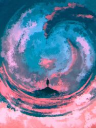 Rule 34 | 1other, blue clouds, circle formation, cloud, cloudy sky, dkaism, from behind, full body, limited palette, multicolored clouds, original, painterly, pastel colors, pink clouds, scarf, silhouette, sky, standing, sunset, swirl