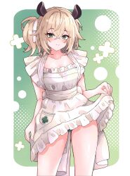 1girl absurdres animal_ears apron bare_shoulders border breasts brown_hair cowboy_shot ddrawins green_background green_eyes green_panties highres indie_virtual_youtuber medium_breasts naked_apron nimi_nightmare panties side_ponytail simple_background solo underwear virtual_youtuber white_apron white_border