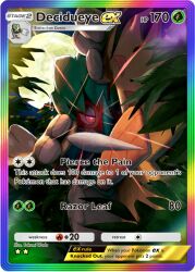 Rule 34 | arrow (projectile), artist name, card (medium), character name, company name, copyright name, copyright notice, dartrix, decidueye, english text, full moon, gen 7 pokemon, glowing, glowing eyes, highres, leaf, moon, night, nintendo, official art, pokemon, pokemon (creature), pokemon card, pokemon focus, pokemon tcg, pokemon tcg pocket, red eyes, solo, takumi wada, third-party source, trading card