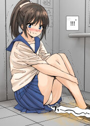 1girl absurdres artist_request blush embarrassed fart female_focus flat_chest highres loli looking_at_viewer panties school_uniform serafuku tagme trembling underwear upskirt