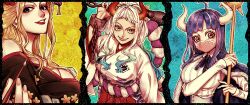 Rule 34 | 3girls, black maria (one piece), blonde hair, blue hair, breasts, cleavage, horns, japanese clothes, large breasts, lipstick, long hair, makeup, mask, multiple girls, one piece, ulti (one piece), yamato (one piece)