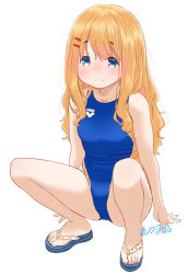 1girl arena_(company) arm_support artist_name bare_shoulders blonde_hair blue_eyes blush breasts closed_mouth competition_swimsuit hair_ornament hairclip long_hair looking_at_viewer medium_breasts nose_blush one-piece_swimsuit original parted_bangs retsumaru sandals sidelocks signature simple_background smile solo squatting swimsuit white_background