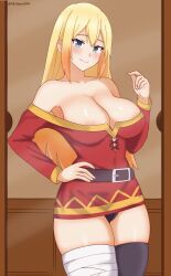 Rule 34 | 1girl, absurdres, asymmetrical legwear, bandaged leg, bandages, bare shoulders, blonde hair, blue eyes, breasts, cleavage, cosplay, darkness (konosuba), eclyart, hair down, hand on own hip, highres, kono subarashii sekai ni shukufuku wo!, large breasts, long hair, looking at viewer, megumin, megumin (cosplay), mismatched legwear, single thighhigh, solo, thighhighs, very long hair