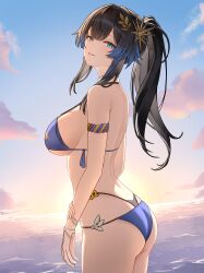 1girl absurdres aqua_eyes armband ass back bikini black_hair blue_bikini bracelet breasts center-flap_bangs cloud commentary_request from_side gradient_hair hair_ornament halterneck highres jewelry kai_si_(hscn5578) katya_klein katya_klein_-_dawning katya_klein_-_dawning_(surfside_leisure) large_breasts light_blush long_hair looking_at_viewer multicolored_hair ocean official_alternate_costume parted_lips ponytail sideboob sky smile snowbreak:_containment_zone solo standing string_bikini sunset swimsuit