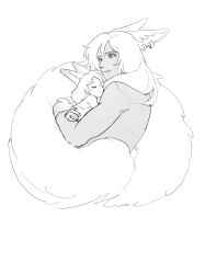 1boy 1girl animal_ears character_request closed_eyes commentary copyright_request cuddling dark_skin earrings english_commentary fox_ears greyscale highres hug jewelry kaeyamilk long_hair monochrome rabbit_ears sketch sleeping tail white_background