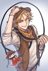 1boy alicein_mikuni blonde_hair braid cowboy_hat doll doubt_doubt doubt_doubt_(snake_form) hat hatsumi_aoi highres male_focus orange_eyes orange_scarf scarf servamp side_braid slit_pupils suicide