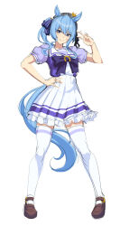 Rule 34 | 1girl, absurdres, alternate costume, animal ears, beret, blue hair, breasts, brown shoes, crown, hair between eyes, hair ribbon, hand on own hip, hat, highres, hololive, horse ears, horse girl, horse tail, horseshoe ornament, hoshimachi suisei, long hair, looking at viewer, mary janes, midorin 567, mini crown, plaid hat, pleated skirt, puffy short sleeves, puffy sleeves, purple serafuku, purple shirt, ribbon, sailor collar, sailor shirt, school uniform, serafuku, shirt, shirt tucked in, shoes, short sleeves, side ponytail, simple background, skirt, small breasts, smile, solo, star (symbol), star in eye, symbol in eye, tail, thighs, tracen school uniform, umamusume, v, virtual youtuber, white background, white skirt