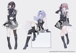 Rule 34 | 3girls, absurdres, asymmetrical clothes, black boots, black gloves, black hairband, black jacket, black pants, black shirt, black skirt, black thighhighs, blue eyes, blue hair, boots, brown eyes, brown hair, character request, collared shirt, commentary request, crop top, diagonal-striped clothes, diagonal-striped necktie, elbow gloves, frilled skirt, frills, gloves, grey background, hairband, heremia, highres, idolmaster, idolmaster shiny colors, jacket, midriff, multiple girls, navel, necktie, pants, shirt, simple background, single glove, single pantsleg, single sleeve, single thighhigh, skirt, striped clothes, thighhighs, thighhighs under boots, white shirt