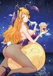 1girl absurdres animal_ears ass bare_shoulders breasts brown_pantyhose chapter_cover cover detached_collar dumpling eating fake_animal_ears food gloves goa_(kizetsu_yuusha) high_heels highres k_setsuda kizetsu_yuusha_to_ansatsu_hime large_breasts leotard long_hair looking_at_viewer moon night night_sky official_art orange_eyes orange_hair pantyhose playboy_bunny rabbit_ears rabbit_tail sky white_gloves wrist_cuffs